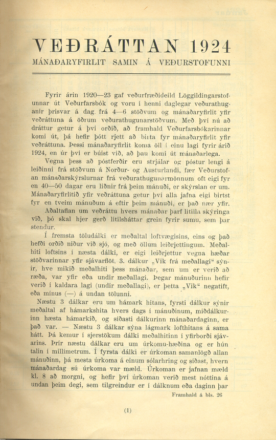 Upphafssíða tímaritsins Veðráttunnar árið 1924