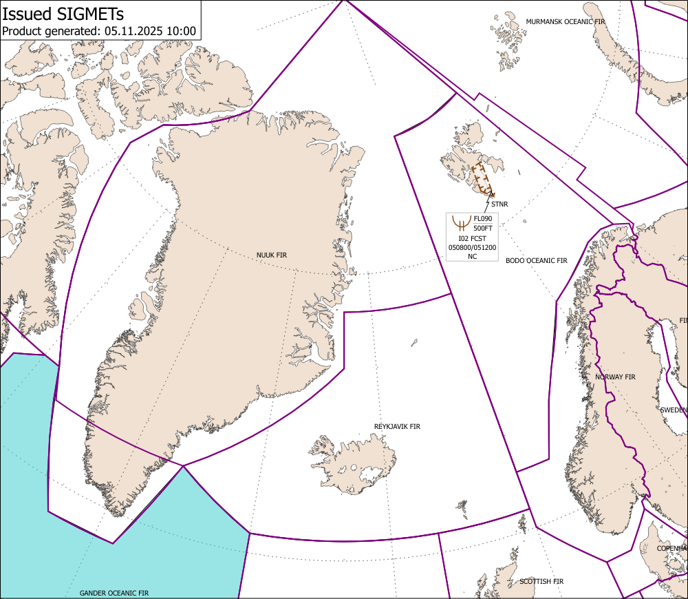 SIGMET skeyti.  Myndin uppfærist á klukkutíma fresti með nýjustu upplýsingum um útgefin SIGMET skeyti.