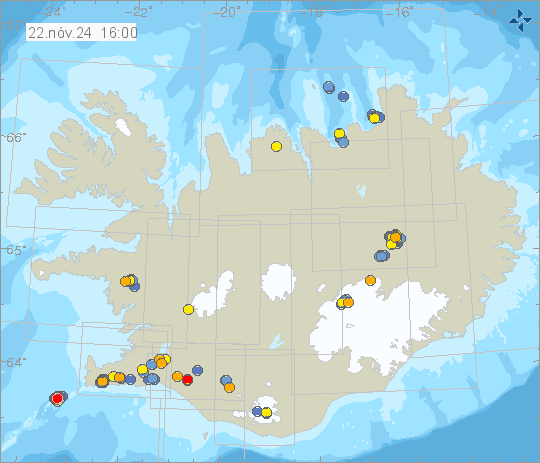 Kort með staðsetningum jarðskjálfta