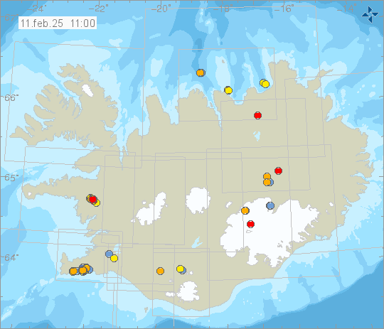 Kort með staðsetningum jarðskjálfta