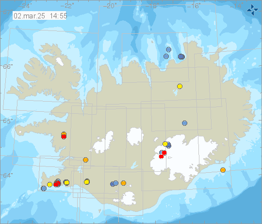 Kort með staðsetningum jarðskjálfta