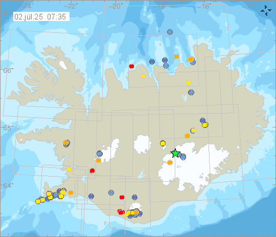 Kort með staðsetningum jarðskjálfta