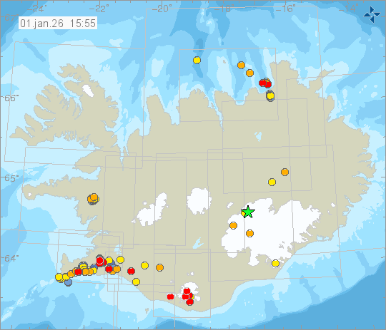 Kort með staðsetningum jarðskjálfta