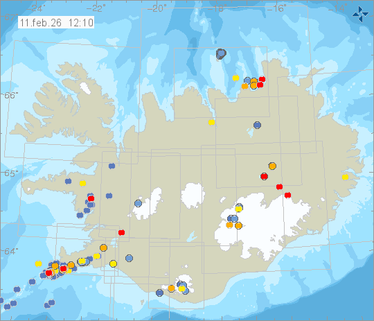 Kort með staðsetningum jarðskjálfta