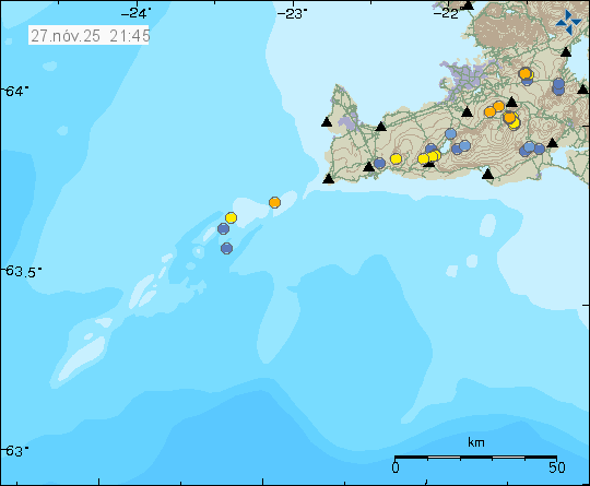 Kort með staðsetningum jarðskjálfta