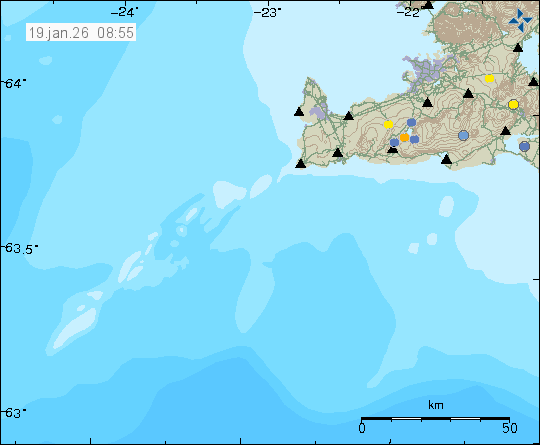 Kort með staðsetningum jarðskjálfta