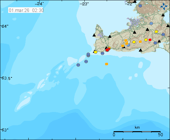 Kort með staðsetningum jarðskjálfta
