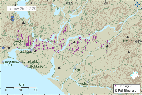Kort með staðsetningum jarðskjálfta