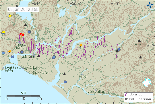 Kort með staðsetningum jarðskjálfta