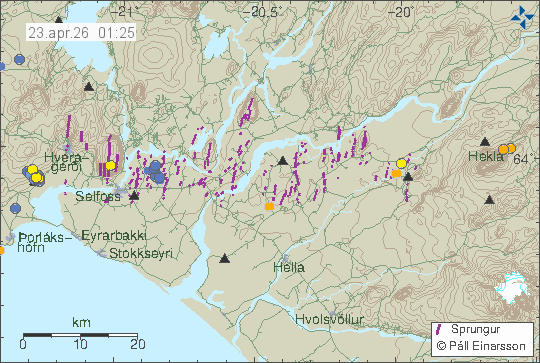 Kort með staðsetningum jarðskjálfta