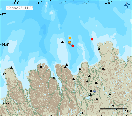 Kort með staðsetningum jarðskjálfta