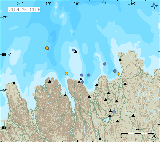 Kort með staðsetningum jarðskjálfta