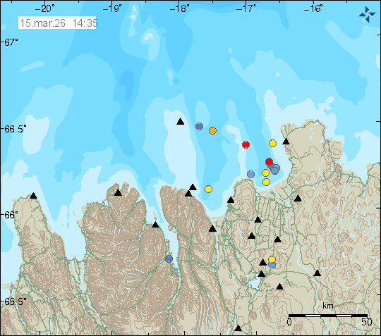 Kort með staðsetningum jarðskjálfta