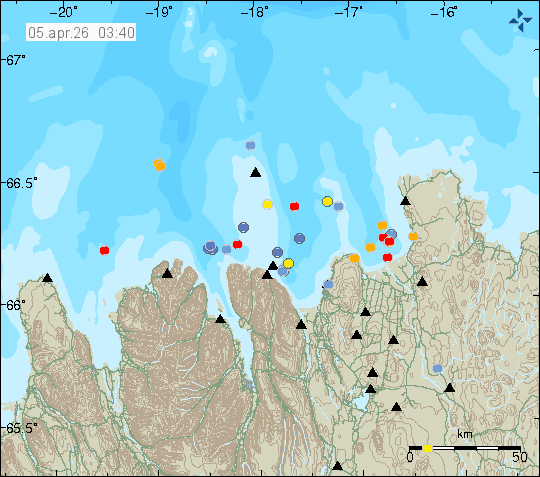 Kort með staðsetningum jarðskjálfta