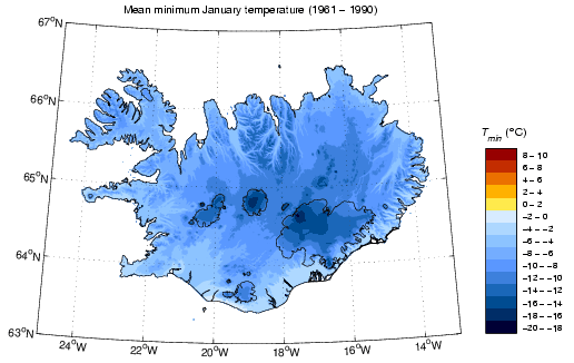 Meðallágmarkshiti í janúar 1961-1990 