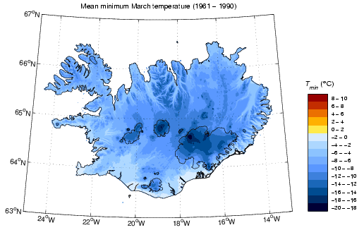 Meðallágmarkshiti í mars 1961-1990